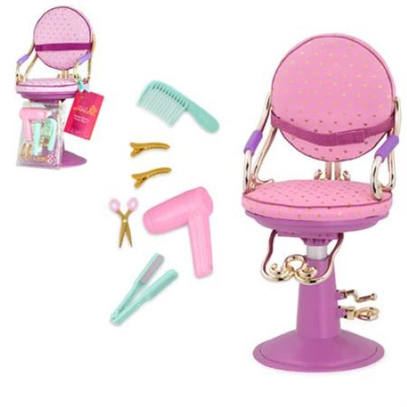 Purple salon chair for 18-inch dolls, featuring adjustable height, safety strap, and included hair styling tools for imaginative play.