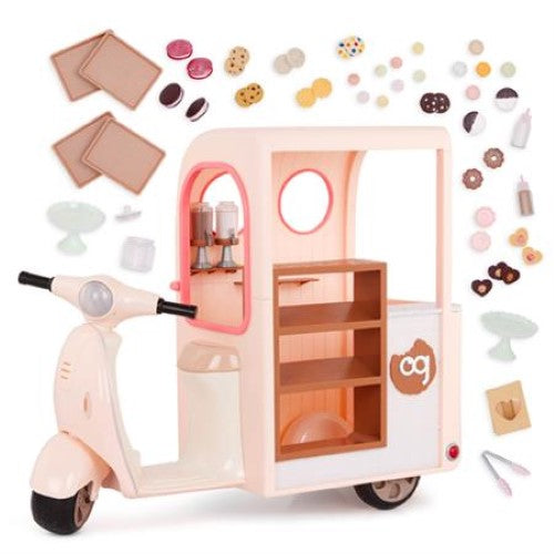 Doll-sized Cookie Scooter Truck with three wheels, movable handlebars, and over 50 realistic food accessories for imaginative play.