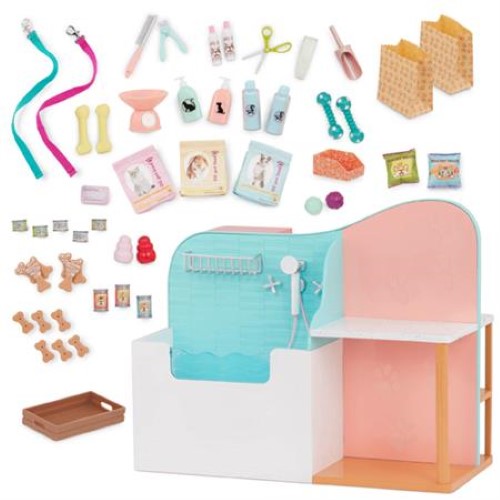 Double-sided vet station playset for 18-inch dolls with mini accessories, bathtub, checkout counter, and interactive features.