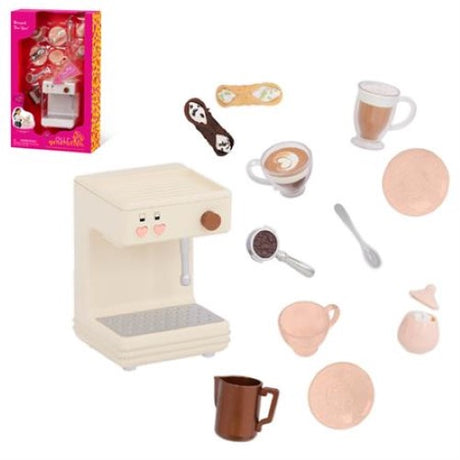 Pretend coffee machine for 18-inch dolls with realistic sounds, accessories, and treats for imaginative play.