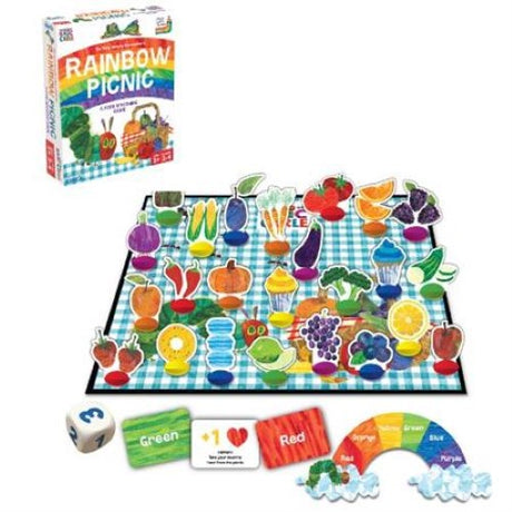 Colorful board game featuring The Very Hungry Caterpillar collecting food for a picnic, ideal for preschool learning fun.