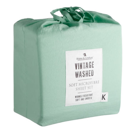 King Sheet Set in Sea Mist featuring luxurious washed microfiber, deep fitted sheets, and matching drawstring bag for storage.
