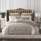 Super King duvet cover set featuring gold on ivory with textured chenille and Greek key motif for an elegant bedroom upgrade.