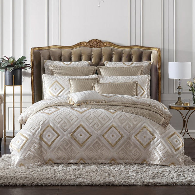 Super King duvet cover set featuring gold on ivory with textured chenille and Greek key motif for an elegant bedroom upgrade.