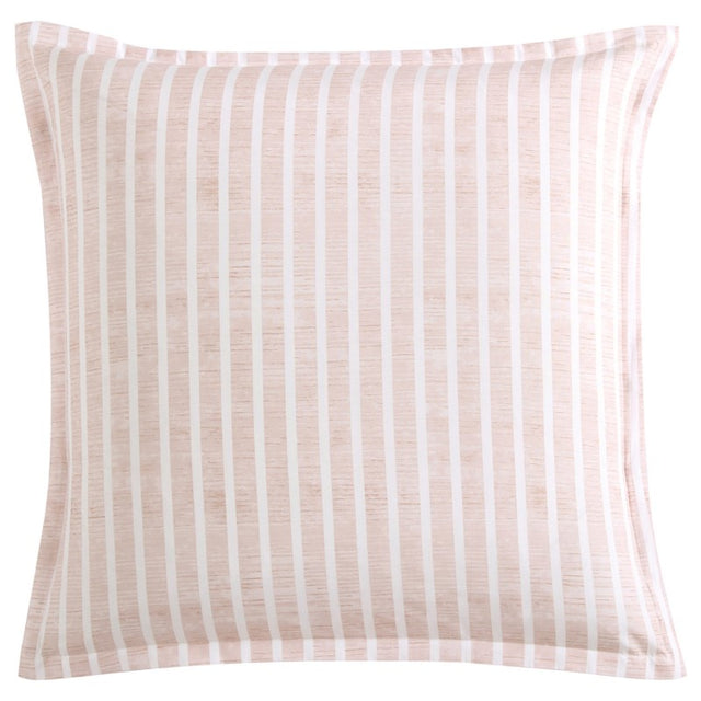 Luxurious European pillowcase in pink with white stripes, crafted from a cotton-rich blend for comfort and durability.