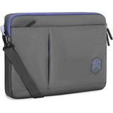 Slim grey laptop sleeve for MacBook Pro/Air 16" with water-resistant fabric and removable shoulder strap.