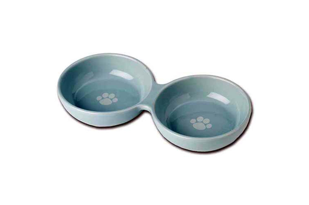 Stylish blue ceramic dog bowl set, 12cm diameter, 250mL capacity, ideal for small to medium dogs, prevents spills.