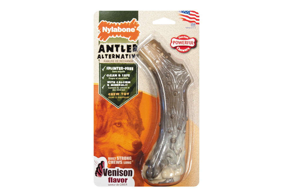 Durable antler alternative chew toy for large dogs, promoting dental health and engaging powerful chewers with tasty flavors.