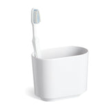 Sleek white melamine toothbrush holder with three compartments, ensuring organization and hygiene in your bathroom.