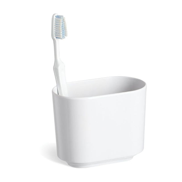 Sleek white melamine toothbrush holder with three compartments, ensuring organization and hygiene in your bathroom.