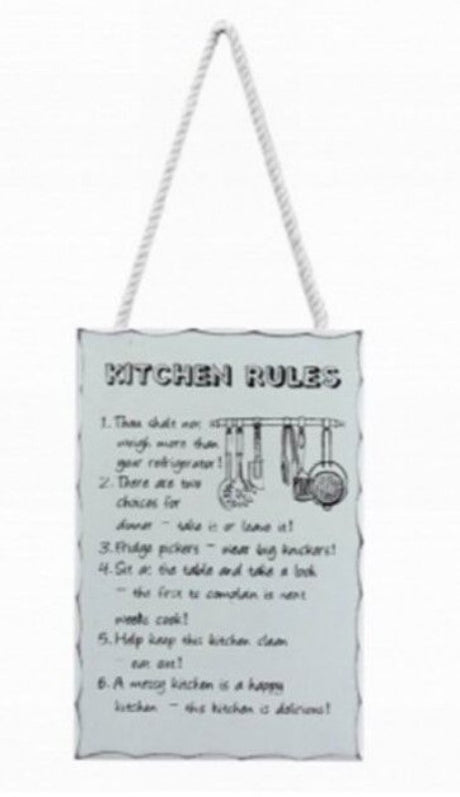 Elegant wooden rectangle plaque with kitchen rules, measuring 25 x 17 cm, perfect for enhancing kitchen decor and harmony.