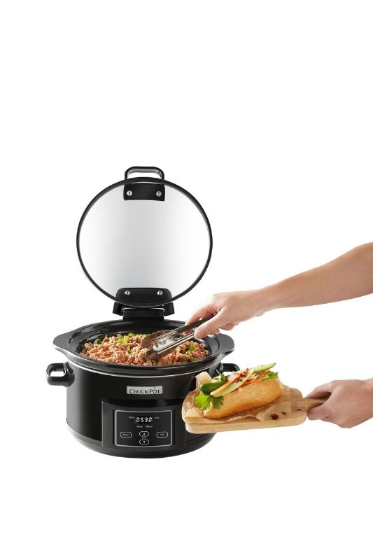 Digital Crock Pot Cooker by Sunbeam with hinged lid, 4.7L capacity, and programmable timer for effortless meal prep.