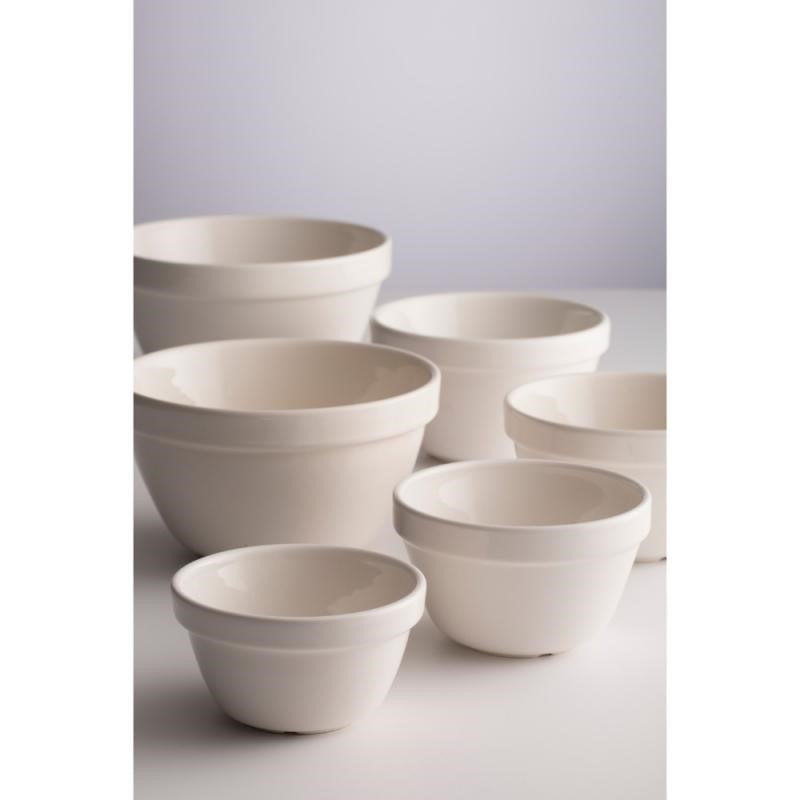 Mason Cash White S54 Pudding Basin, 11.5cm ceramic dish with protruding rim, perfect for steaming puddings and versatile cooking.