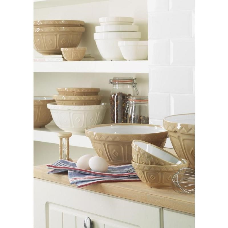 Mason Cash Cane Mixing Bowl 32cm, durable earthenware, ideal for mixing dough, with a patterned grip and microwave-safe design.