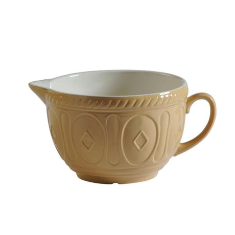 Mason Cash Cane Batter Bowl in earthy color, durable earthenware, 1.9L capacity, oven and dishwasher safe, ideal for mixing and storage.