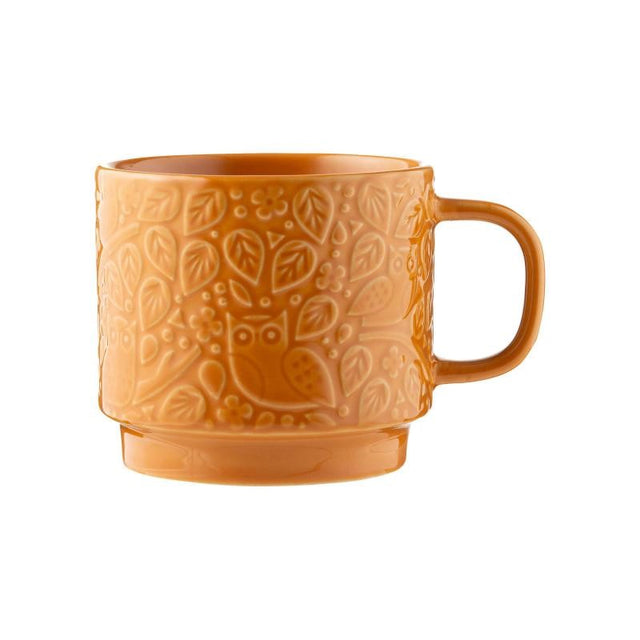 Mason Cash In The Forest Ochre Mug, 300ml, embossed design with woodland creatures, durable stoneware, dishwasher and microwave safe.