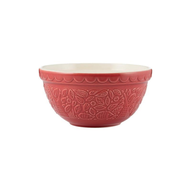 Mason Cash 21cm mixing bowl in burgundy with forest relief pattern, ideal for mixing and stylish kitchen decor.