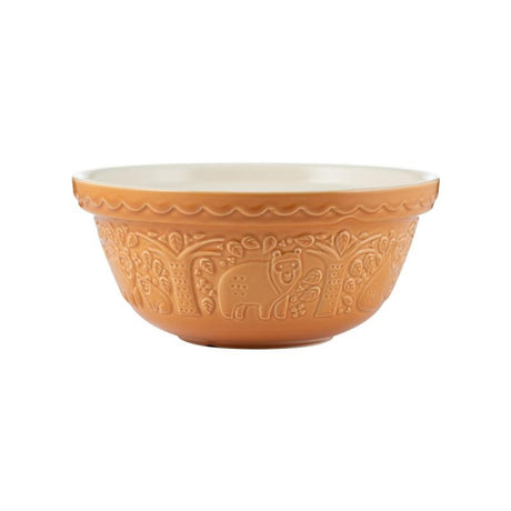 Mason Cash 24cm mixing bowl in ochre, featuring embossed forest scenes and durable stoneware design for versatile kitchen use.