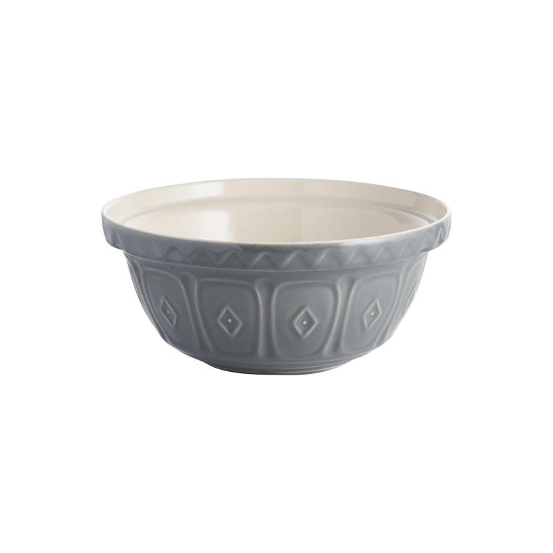 Grey 24cm Mason Cash mixing bowl with 2L capacity, featuring a patterned grip, chip-resistant glaze, and versatile kitchen use.