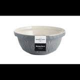 Grey 2L Mason Cash mixing bowl with patterned exterior, designed for baking and easy grip, dishwasher safe.