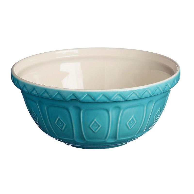 Vibrant turquoise 29cm Mason Cash mixing bowl, chip-resistant earthenware, ideal for baking and kitchen decor.