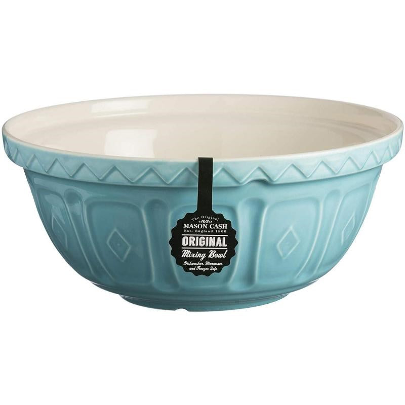 Mason Cash 29cm turquoise mixing bowl, chip-resistant earthenware with a patterned design for easy grip and vibrant kitchen appeal.