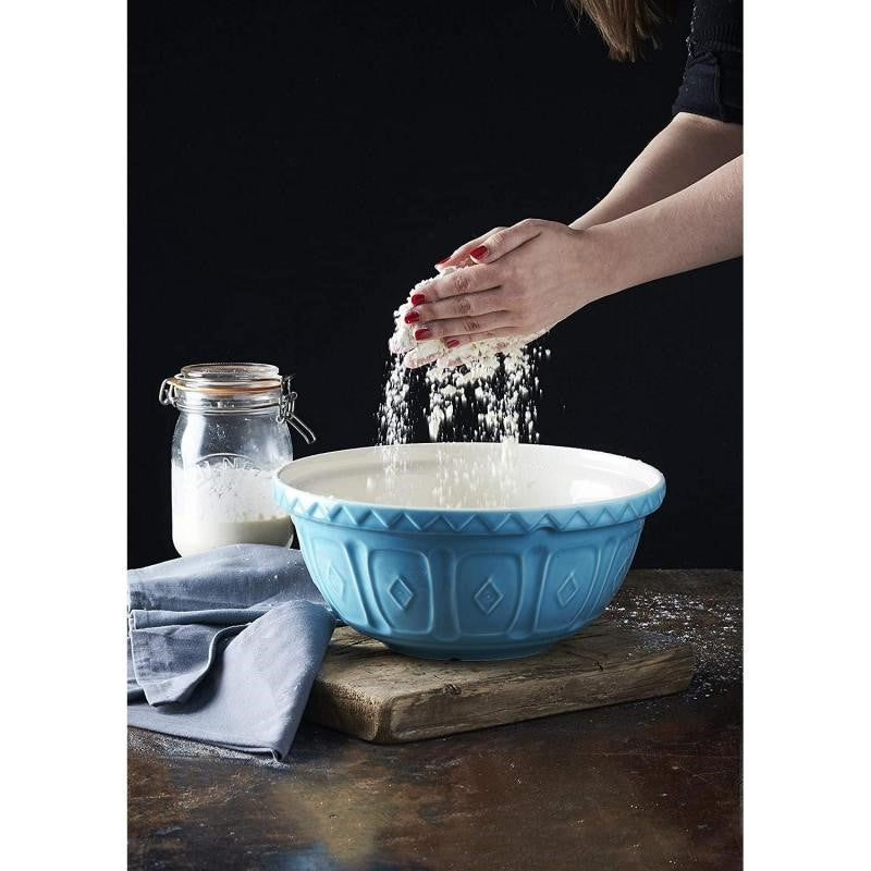 Vibrant turquoise 29cm Mason Cash mixing bowl, perfect for baking, durable, chip-resistant, and non-slip grip design.