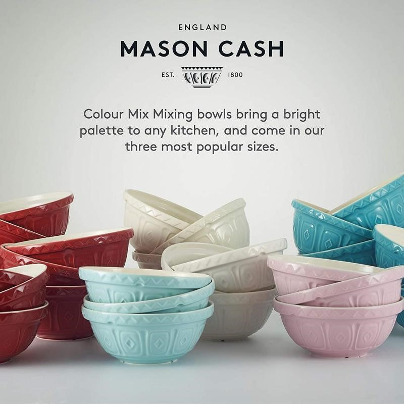 Turquoise 29cm Mason Cash mixing bowl featuring a patterned exterior for grip and functionality in the kitchen.