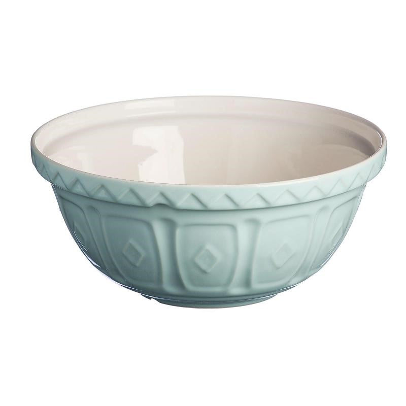 Powder blue Mason Cash mixing bowl, 29cm, with patterned exterior for grip; microwave and dishwasher safe.