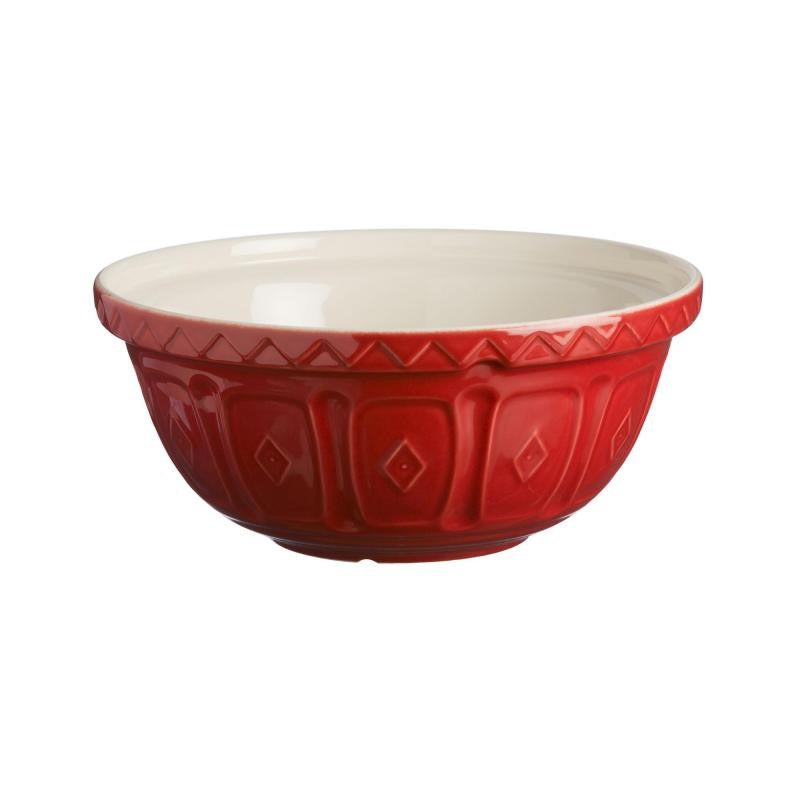 Mason Cash 29cm red mixing bowl, chip-resistant stoneware with patterned grip, 4L capacity, microwave and dishwasher safe.