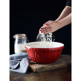 Vibrant red 29cm Mason Cash mixing bowl with patterned exterior, ensuring grip and durability for all mixing tasks.