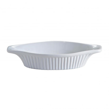 Mason Cash 22cm white stoneware gratin dish for baking and serving gratins, pasta bakes, and puddings. Durable and elegant.