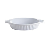 Mason Cash 21cm oval dish in elegant white, perfect for baking and serving, durable stoneware, microwave and dishwasher safe.