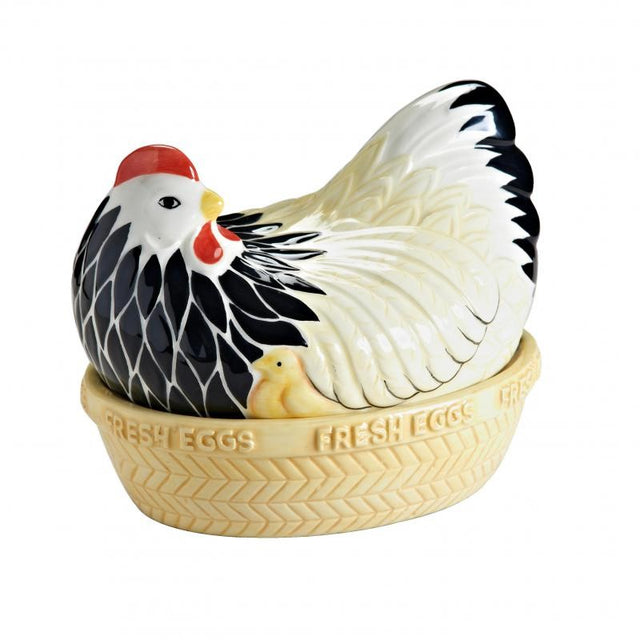 Mason Cash Mother Hen Nest: colorful, chip-resistant earthenware egg holder with rustic charm and modern functionality.