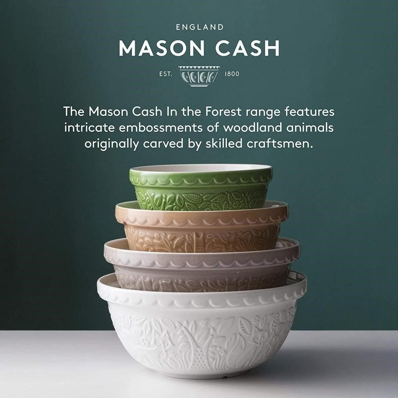 Cream-colored Mason Cash S36 pudding basin with embossed fox design, 16cm, ideal for steaming and mixing dishes.