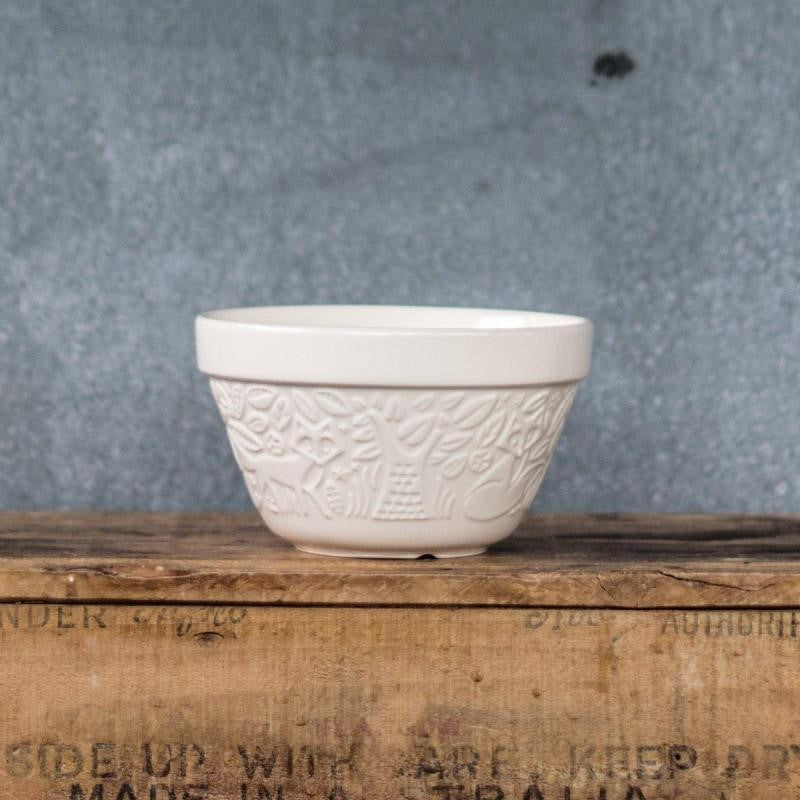 Cream-colored Mason Cash pudding basin with embossed fox design, 16cm, durable, versatile for steaming and mixing.