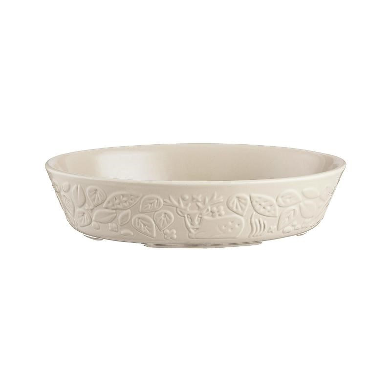 Cream 28cm Mason Cash Oval Baker featuring intricate forest embossings, perfect for baking and serving.