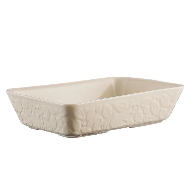 Mason Cash 31cm white stoneware baker with forest-themed embossing, perfect for baking and serving dishes.