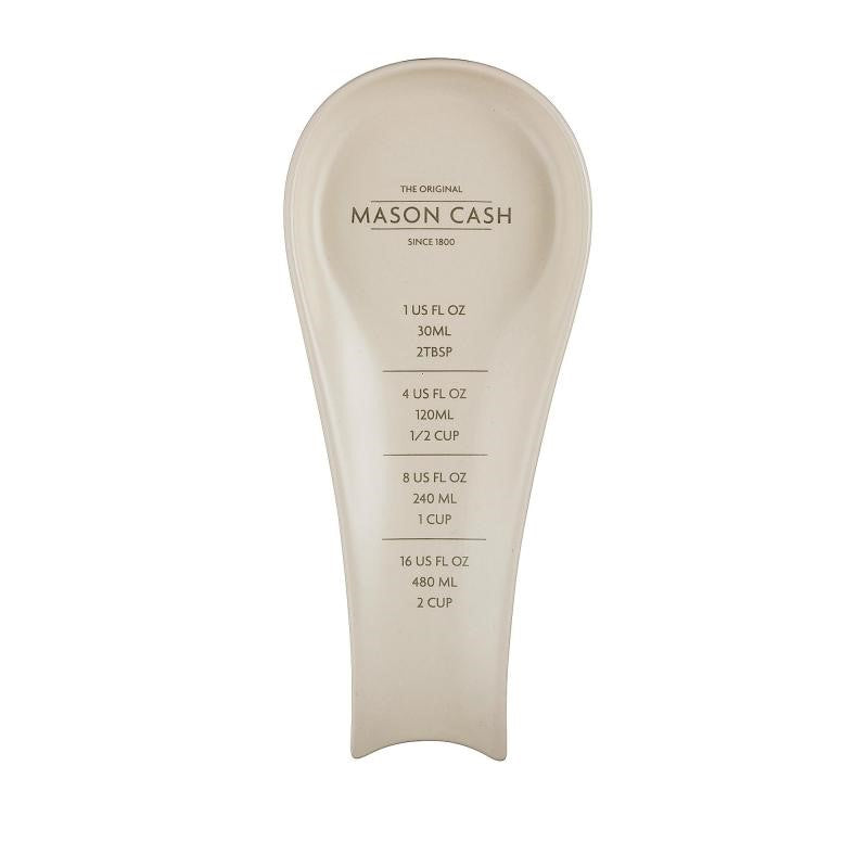 Mason Cash Spoon Rest in earthenware, features measurement guides, perfect for holding utensils and keeping counters clean.