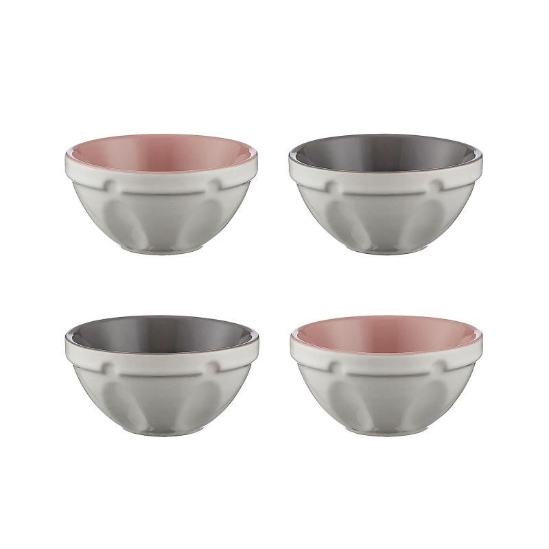 Mason Cash Mini Food Prep Bowls Set of 4, stoneware bowls for efficient meal prep, featuring grips and a unique tilting design.