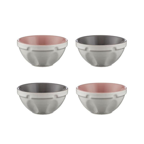 Mason Cash Mini Food Prep Bowls Set of 4, stoneware bowls for efficient meal prep, featuring grips and a unique tilting design.