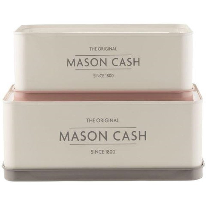 Mason Cash set of 2 rectangular tins, 1.7L and 2.5L, in coated steel with airtight lids for fresh, stylish storage.