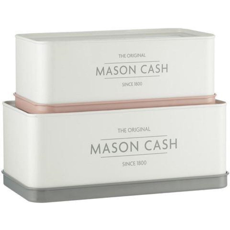 Mason Cash set of 2 rectangular tins in coated steel for baking and storage, featuring airtight lids and nesting design.