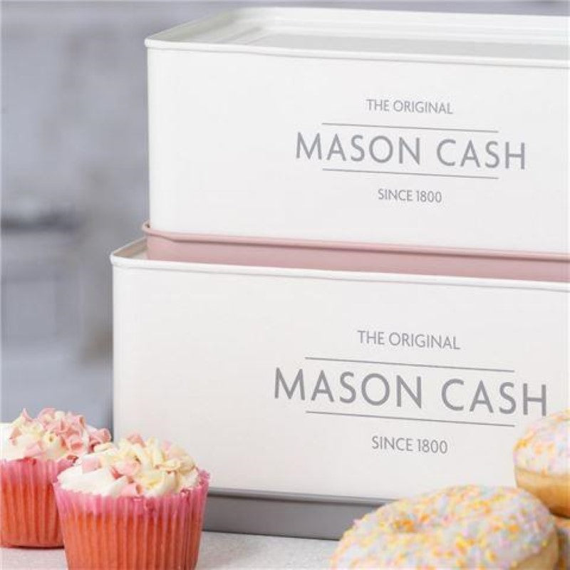 Mason Cash set of 2 rectangular storage tins in coated steel, perfect for cakes, cookies, and muffins with airtight lids.