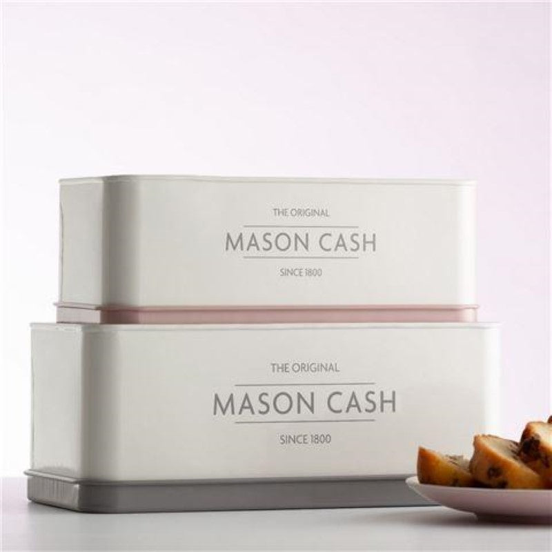 Mason Cash Rectangular Tins Set of 2, durable coated steel, airtight lids, ideal for baked goods storage, stylish kitchen essentials.