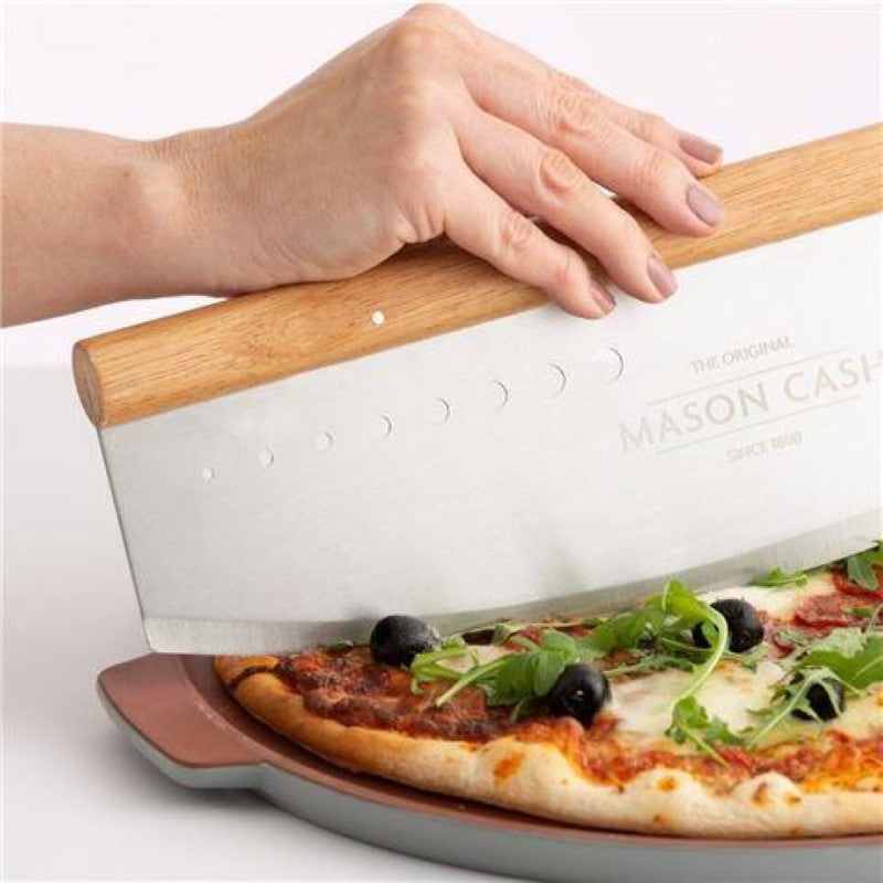 Mason Cash 35cm pizza cutter with stainless steel blade, ergonomic wooden handle, and safety guard for effortless cutting.