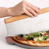 Mason Cash 35cm pizza cutter with stainless steel blade, ergonomic wooden handle, and safety guard for effortless cutting.