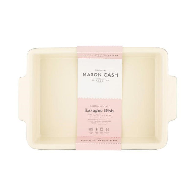 Mason Cash 2.5L lasagne dish in grey and cream stoneware, designed for even heat distribution and optimal baking.