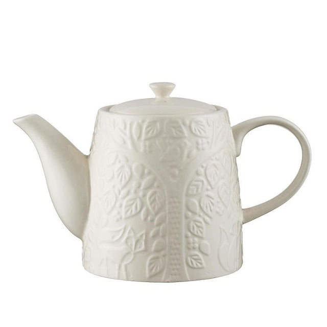 Elegant Mason Cash In The Forest teapot featuring intricate woodland scenes, crafted from durable stoneware for heat retention.