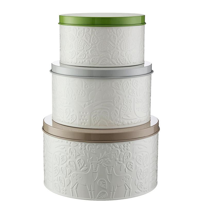 Mason Cash In The Forest Set of 3 cake tins featuring embossed woodland designs for stylish and practical baking storage.